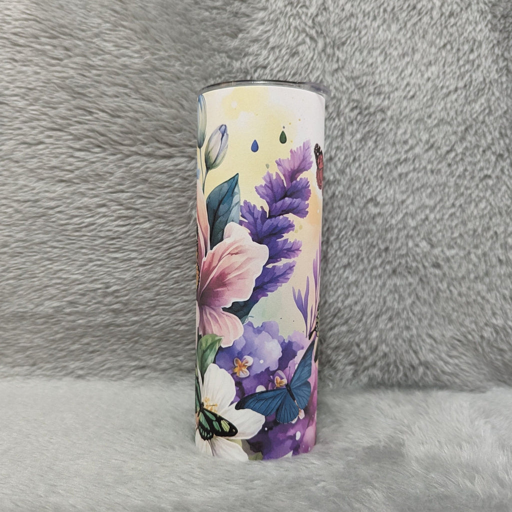 Colorful Butterflies and Flowers Tumbler with Reusable Straw, Cup With Name, 20oz Tumbler, Butterfly Lovers Gift For Her