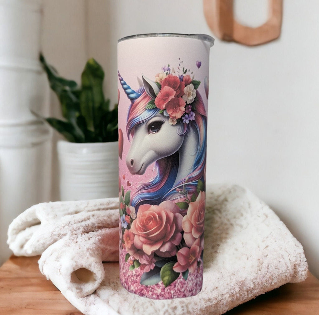 Floral Unicorn Tumbler with A Glitter Design 20oz With Reusable Straw, Can Be Personalized