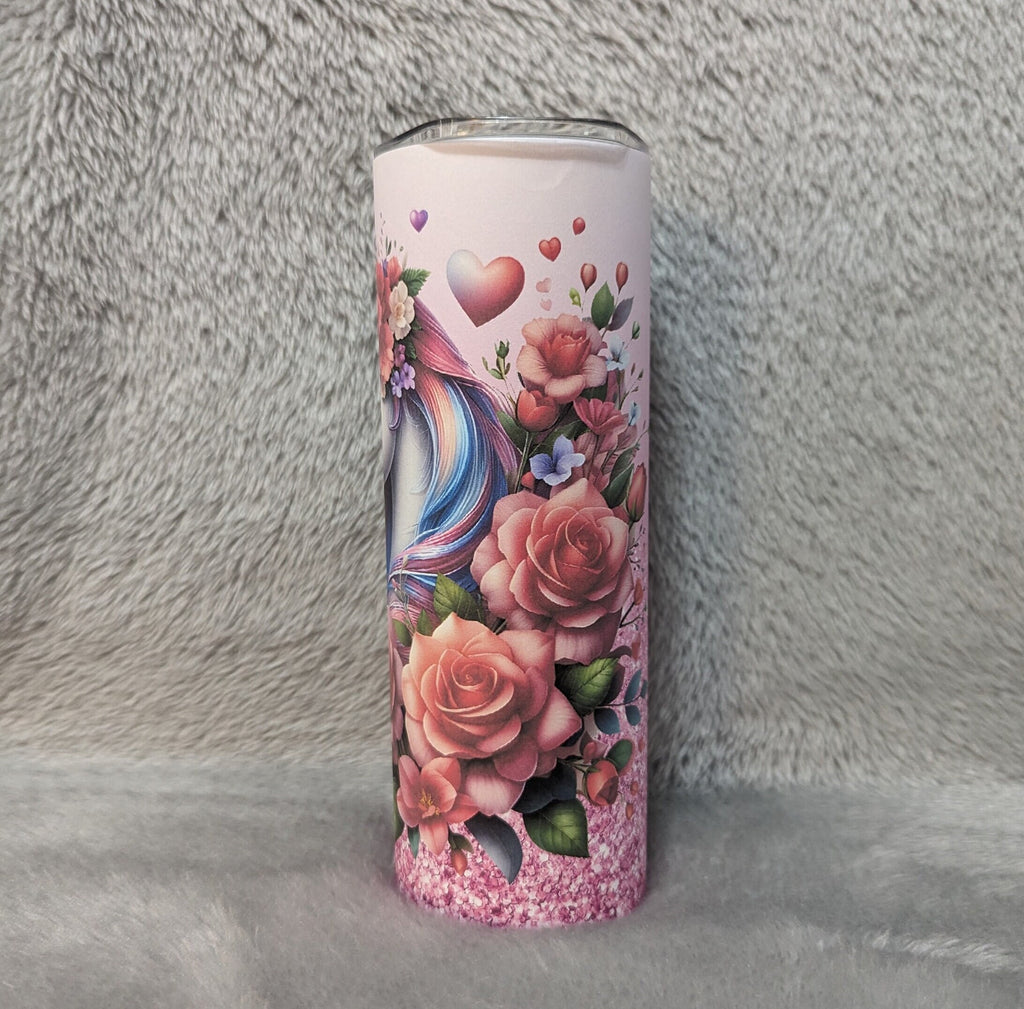 Floral Unicorn Tumbler with A Glitter Design 20oz With Reusable Straw, Can Be Personalized