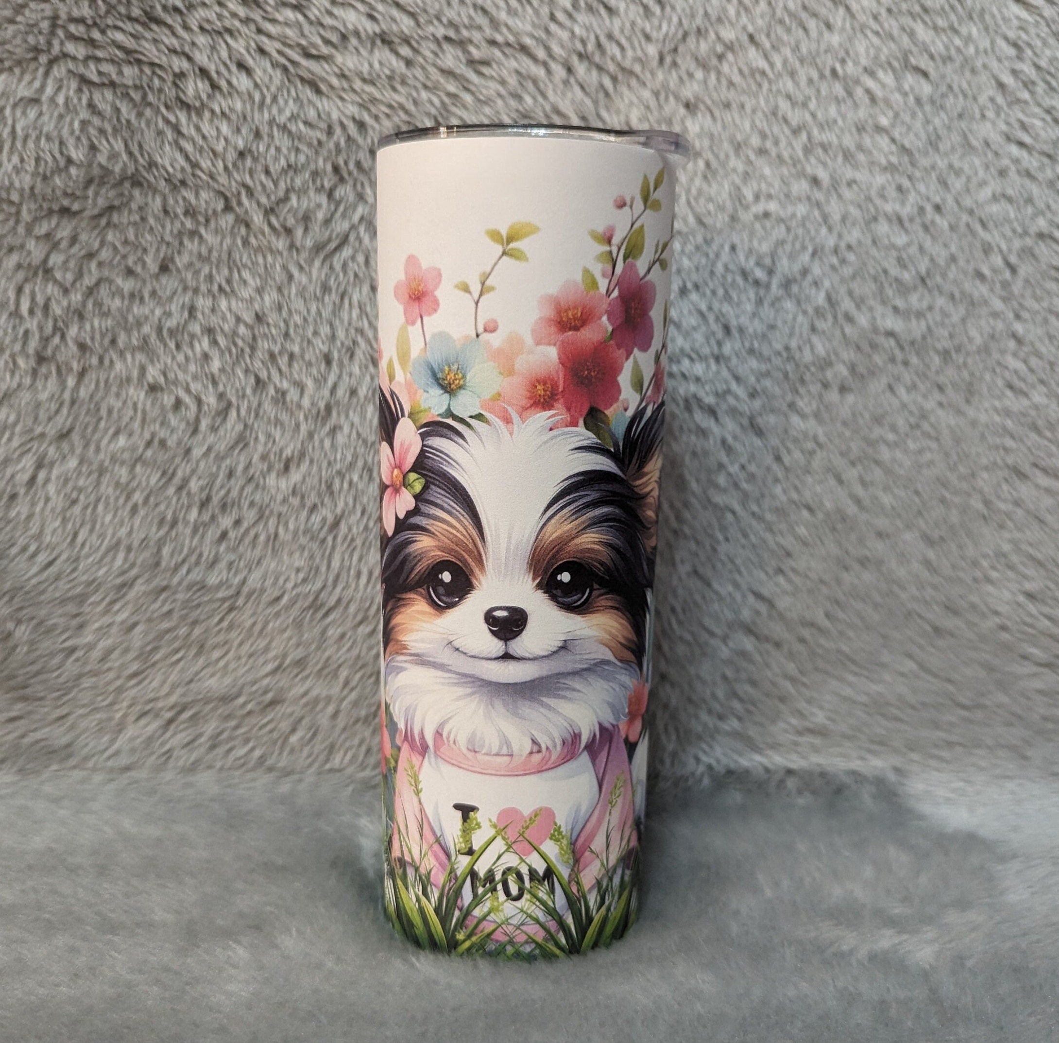 I Love Mom Papillon Dog Tumbler 20oz With Reusable Straw, Can Be Personalized