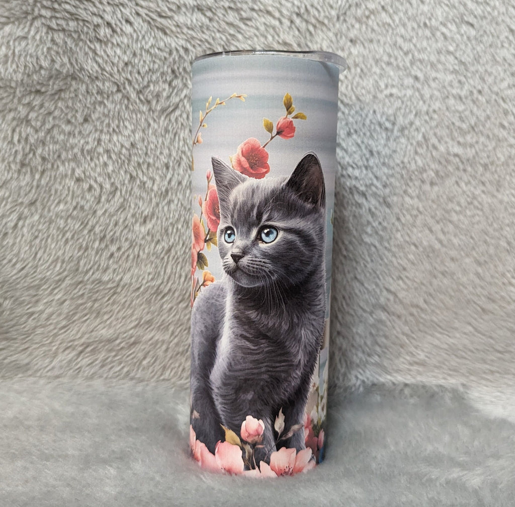 Gray Kitten / Cat With Flowers Tumbler 20oz With Reusable Straw, Can Be Personalized