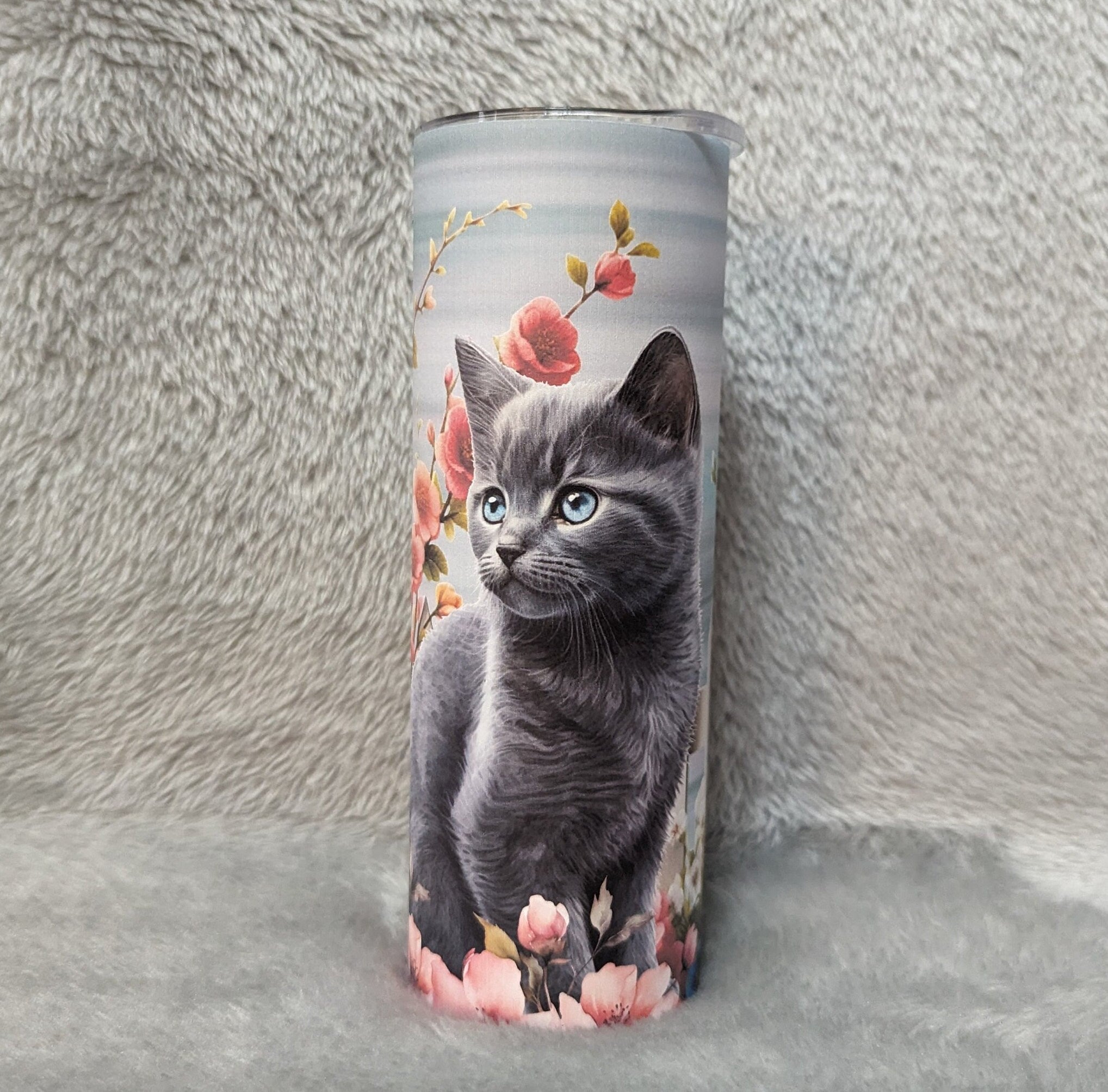 Gray Kitten / Cat With Flowers Tumbler 20oz With Reusable Straw, Can Be Personalized
