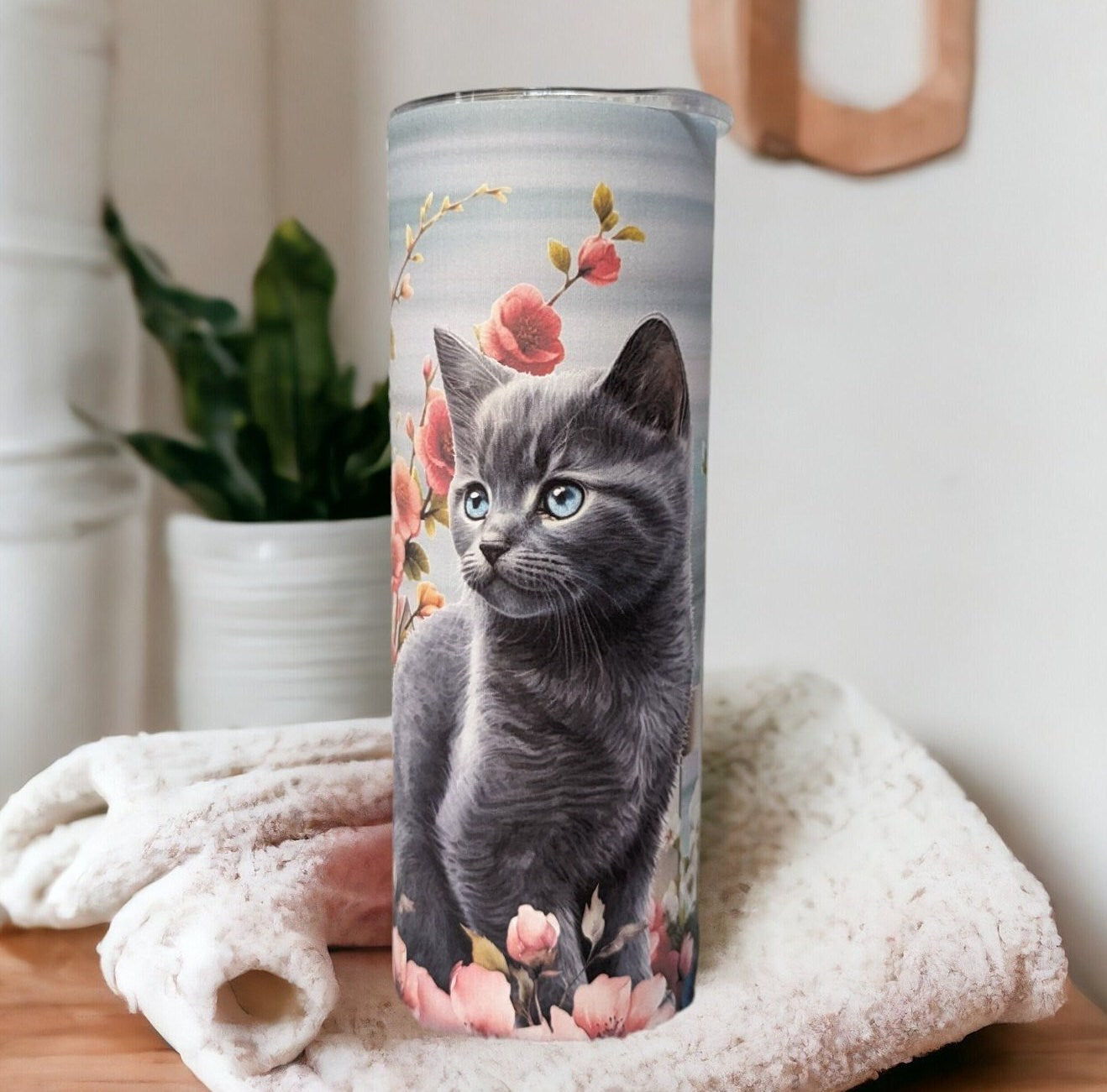 Gray Kitten / Cat With Flowers Tumbler 20oz With Reusable Straw, Can Be Personalized
