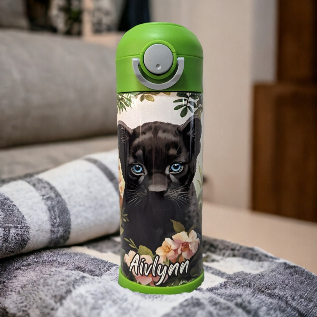 Kids Black Panther Water Bottle 12oz With Reusable Straw Can Be Personalized