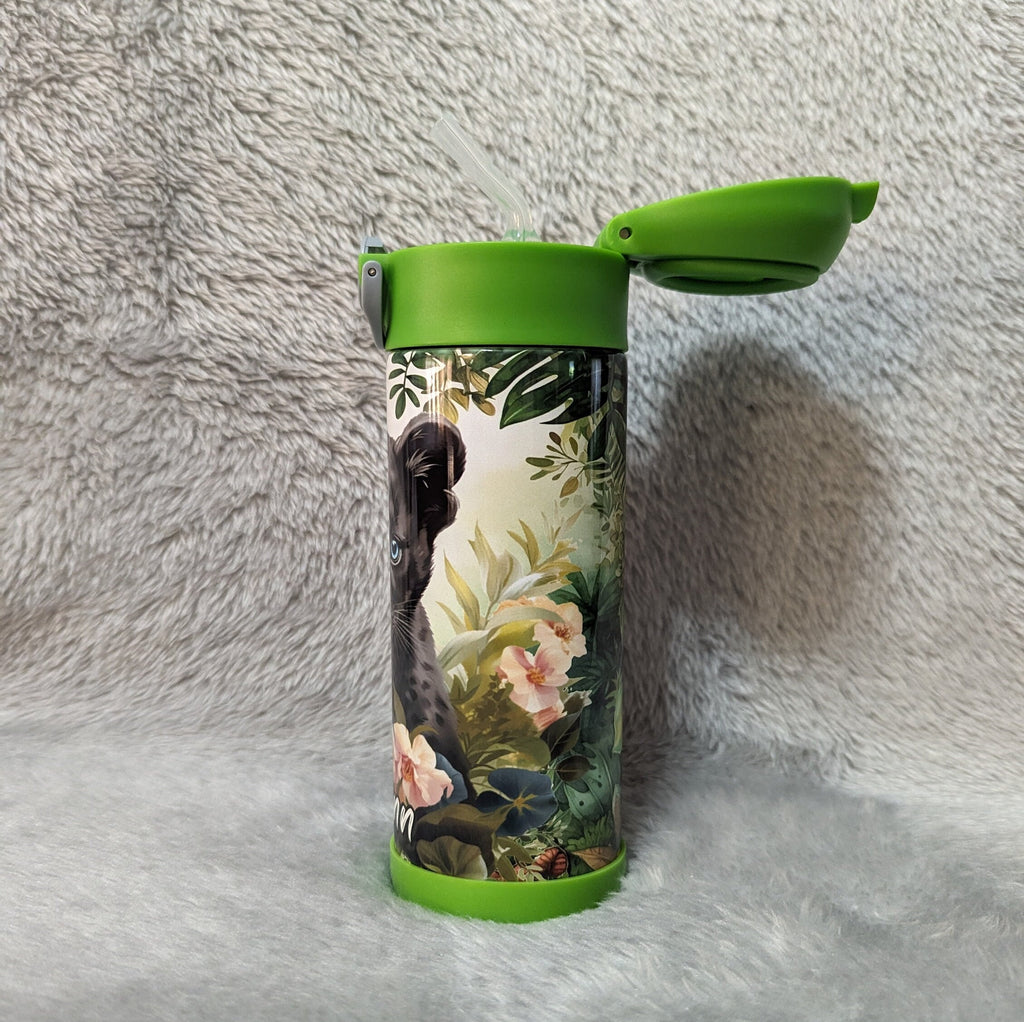 Kids Black Panther Water Bottle 12oz With Reusable Straw Can Be Personalized