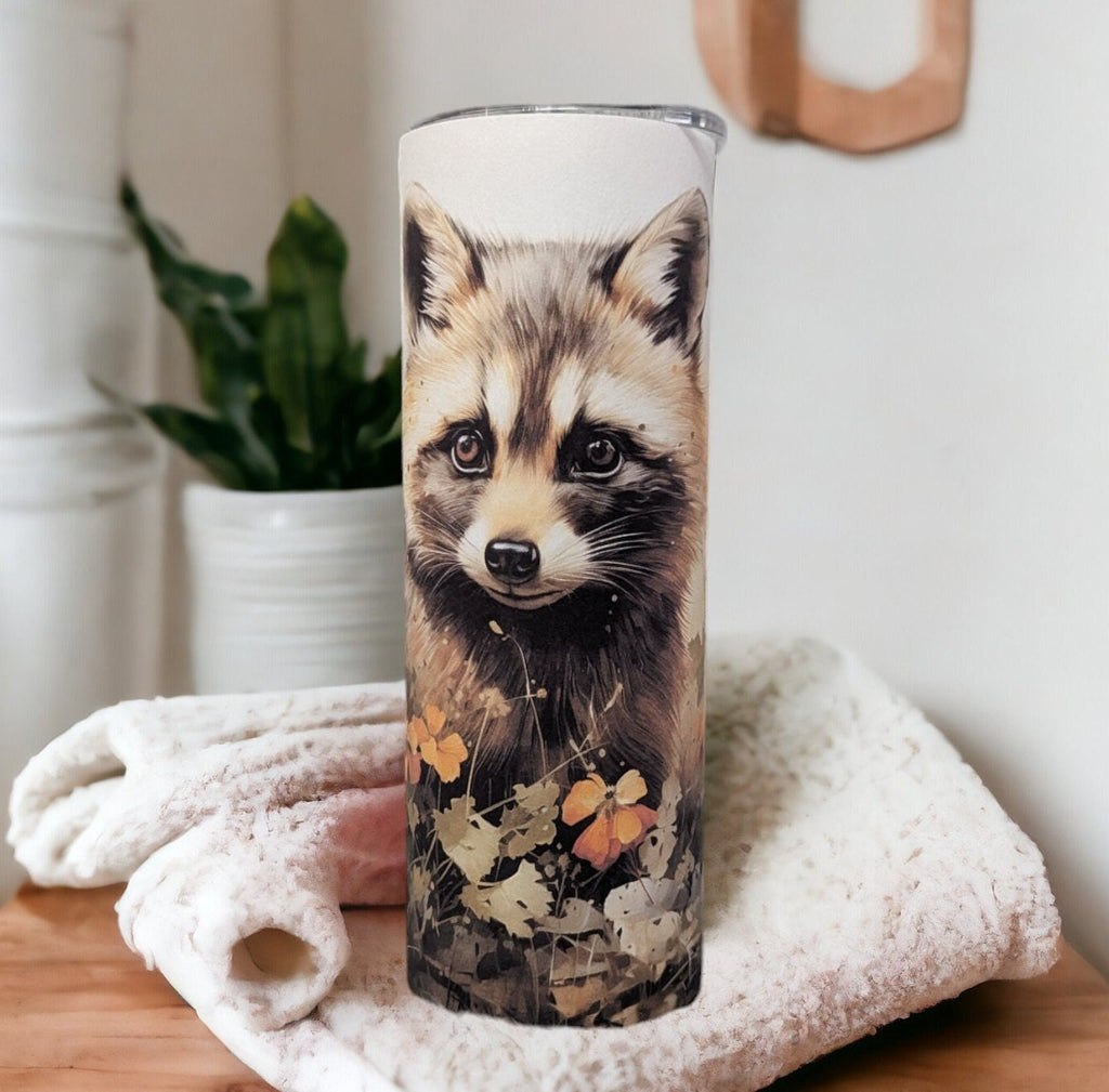 Raccoon Tumbler With A Water Color Design 20oz With Reusable Straw, Can Be Personalized