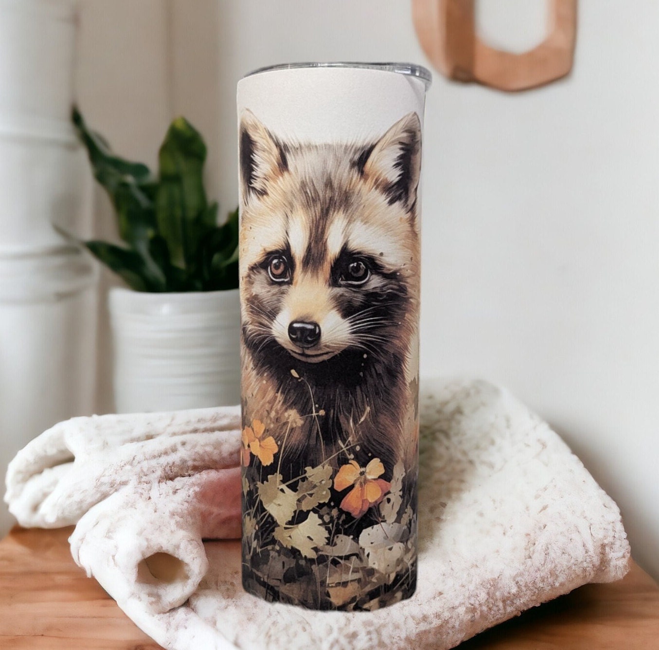 Raccoon Tumbler With A Water Color Design 20oz With Reusable Straw, Can Be Personalized