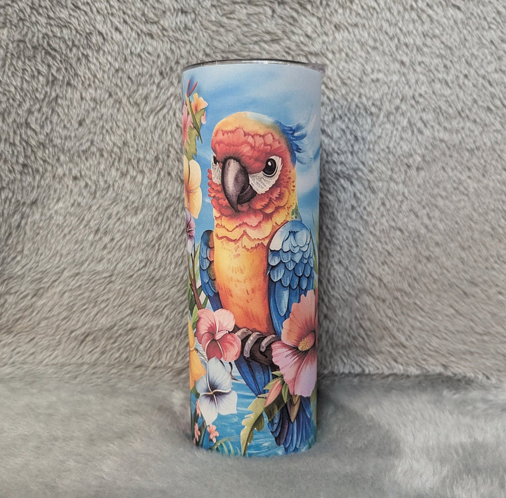 Pretty Parrot Tumbler 20oz With Reusable Straw, Can Be Personalized