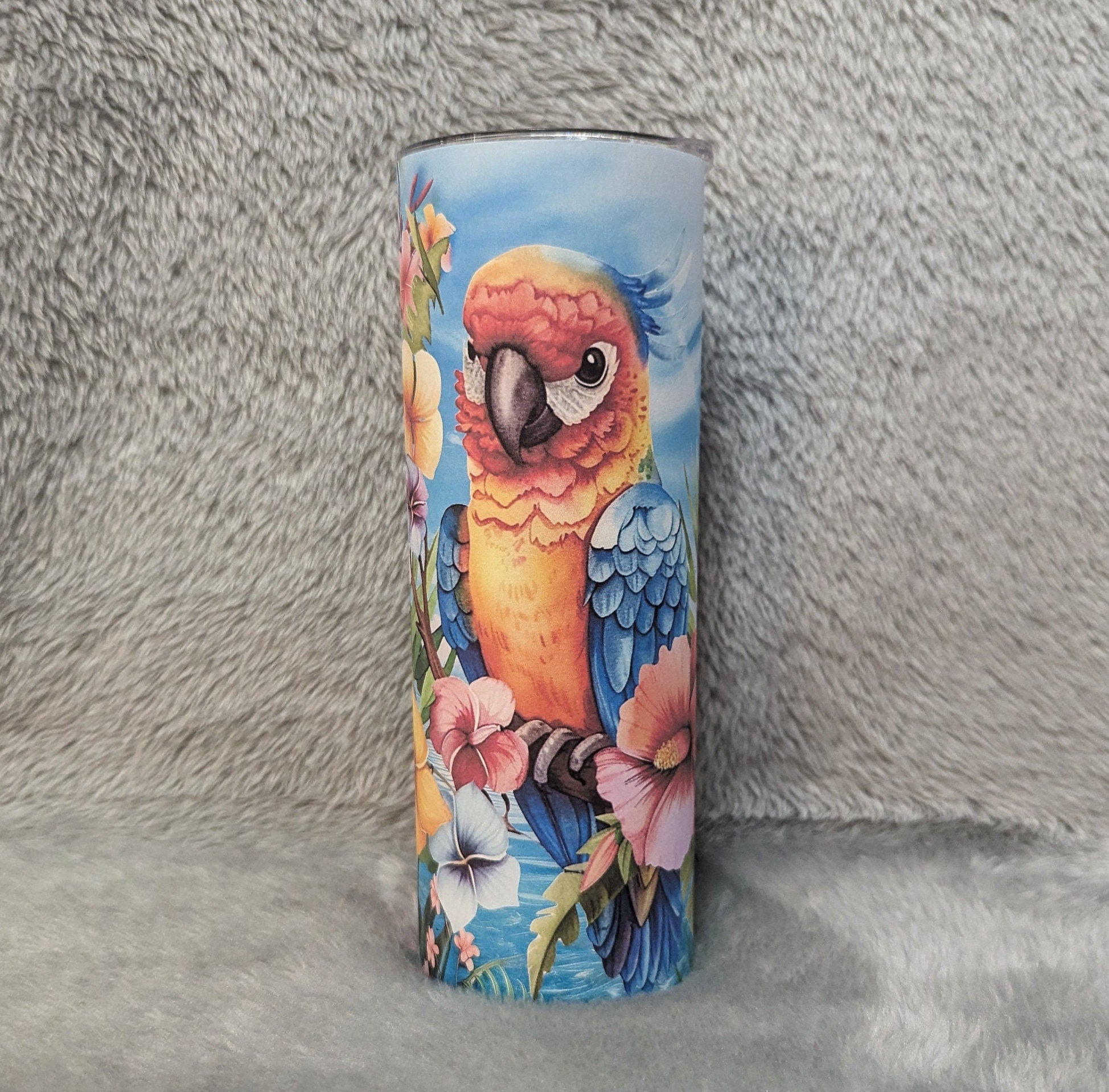 Pretty Parrot Tumbler 20oz With Reusable Straw, Can Be Personalized