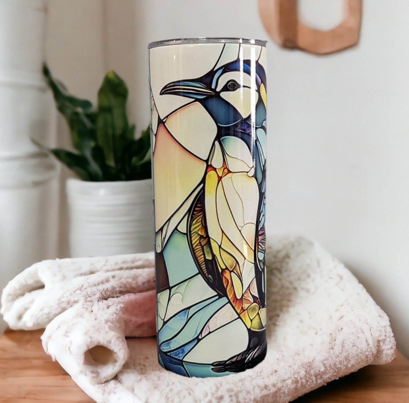 Penguin Tumbler With A Stained Glass Design 20oz With Reusable Straw, Can Be Personalized