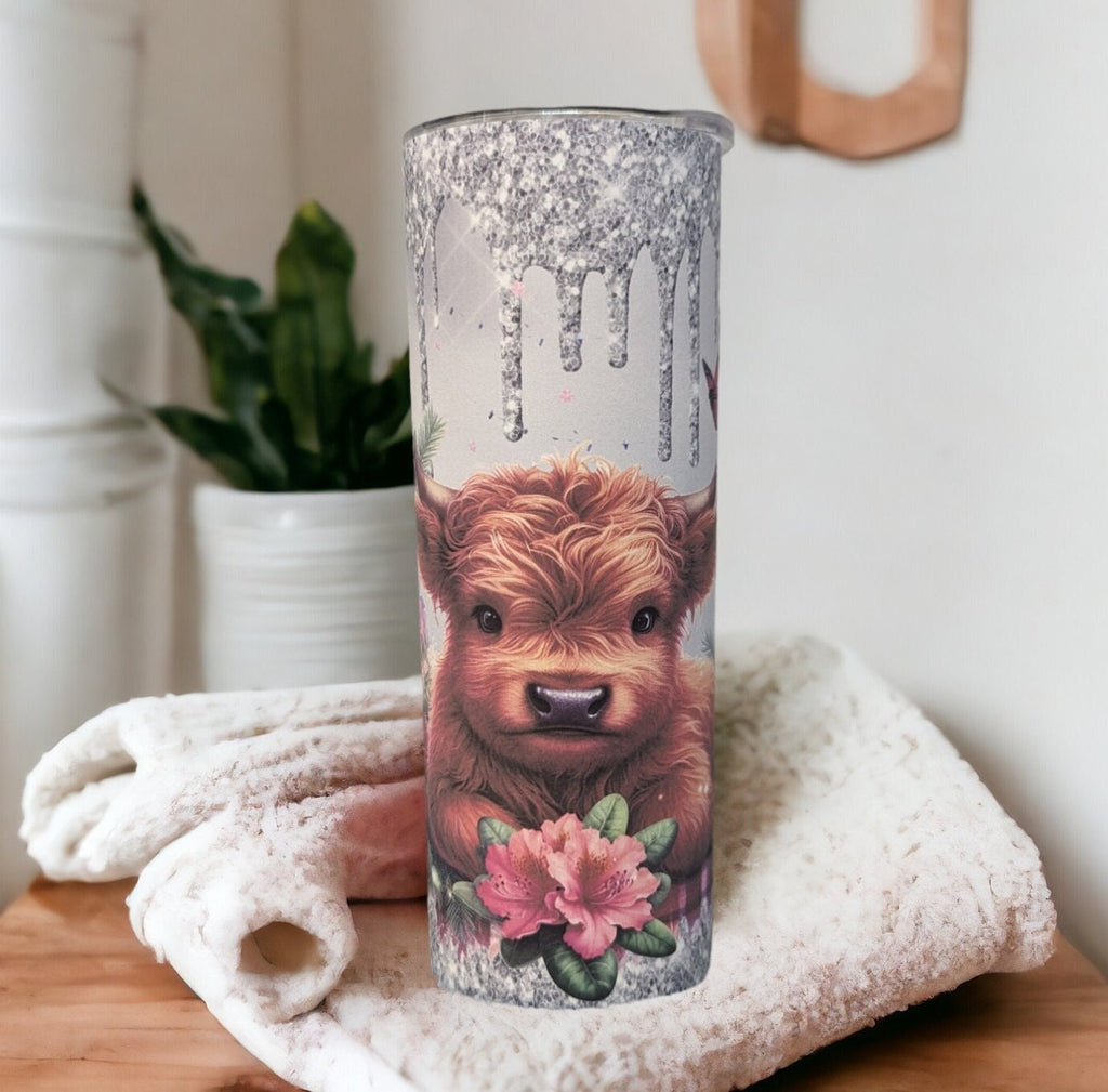 Highland Cow Tumbler With A Glitter Drip Design 20oz With Reusable Straw, Can Be Personalized