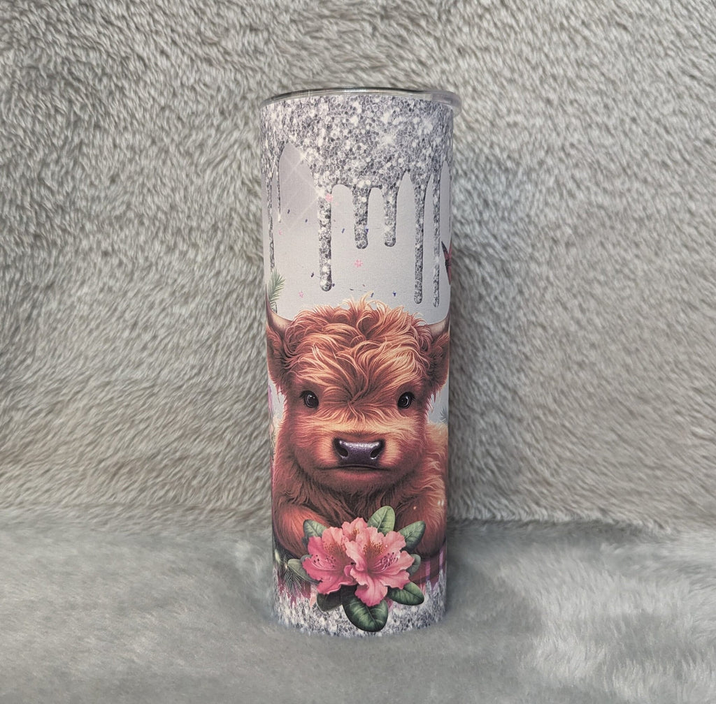 Highland Cow Tumbler With A Glitter Drip Design 20oz With Reusable Straw, Can Be Personalized