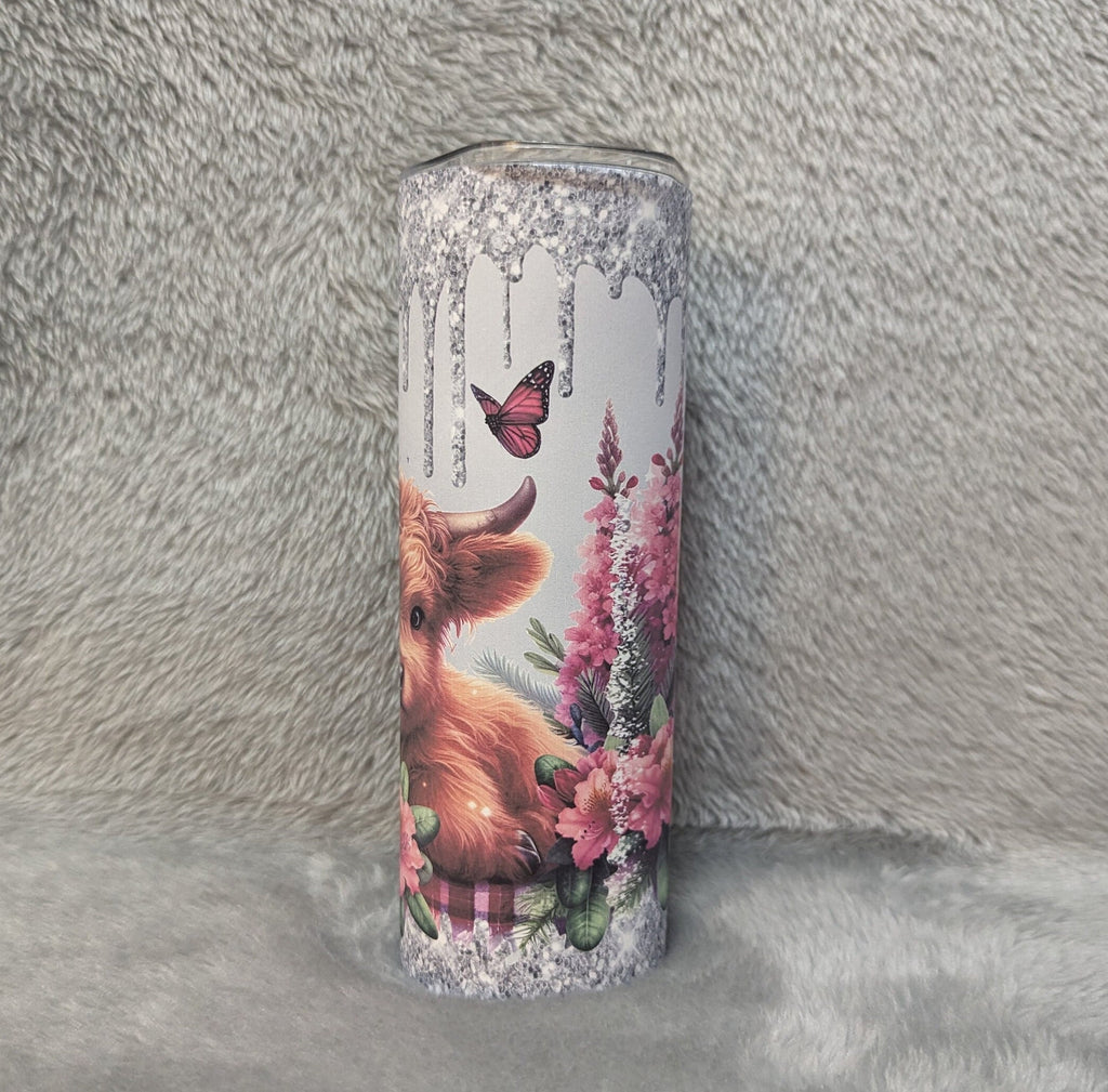 Highland Cow Tumbler With A Glitter Drip Design 20oz With Reusable Straw, Can Be Personalized