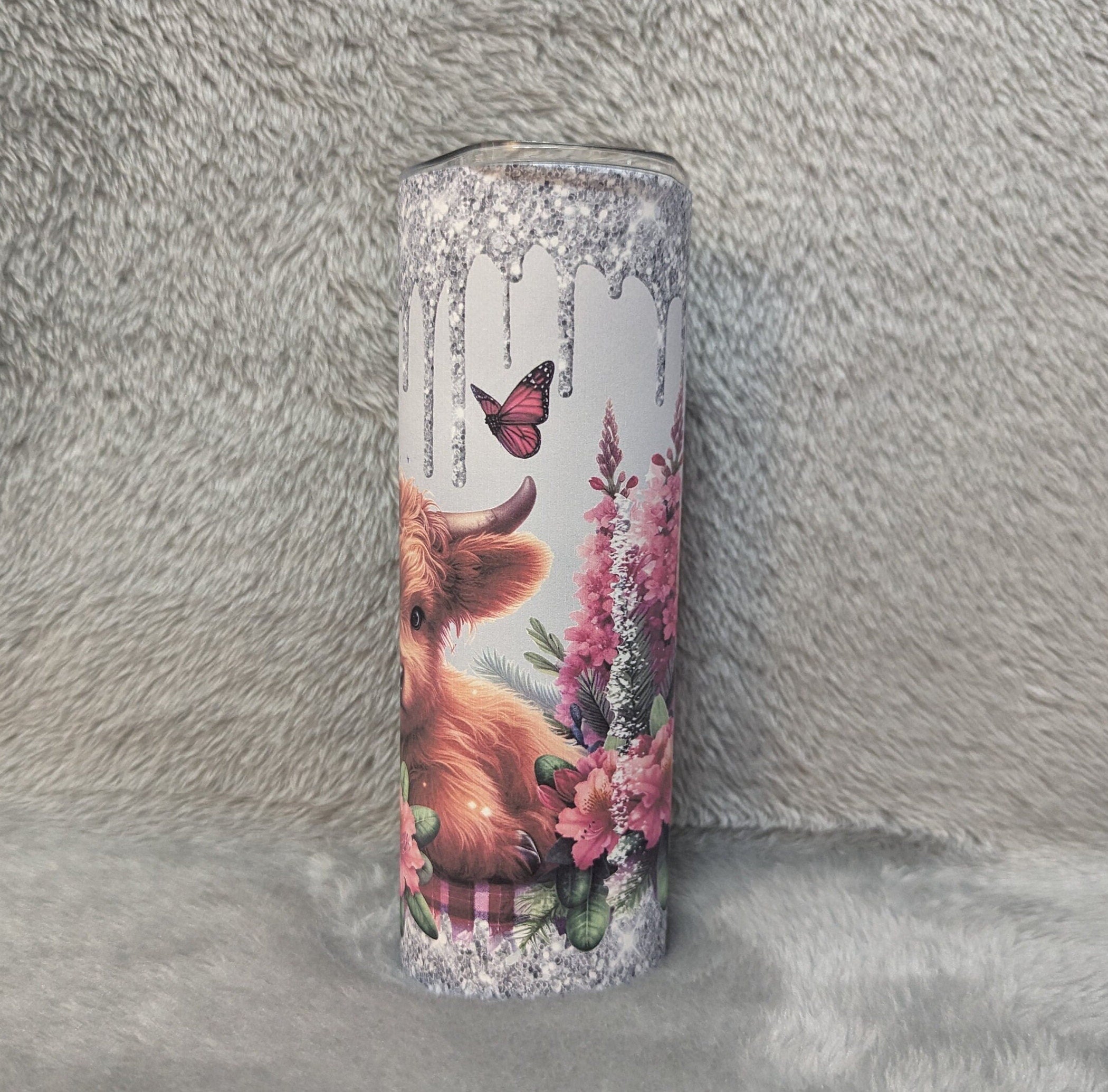 Highland Cow Tumbler With A Glitter Drip Design 20oz With Reusable Straw, Can Be Personalized