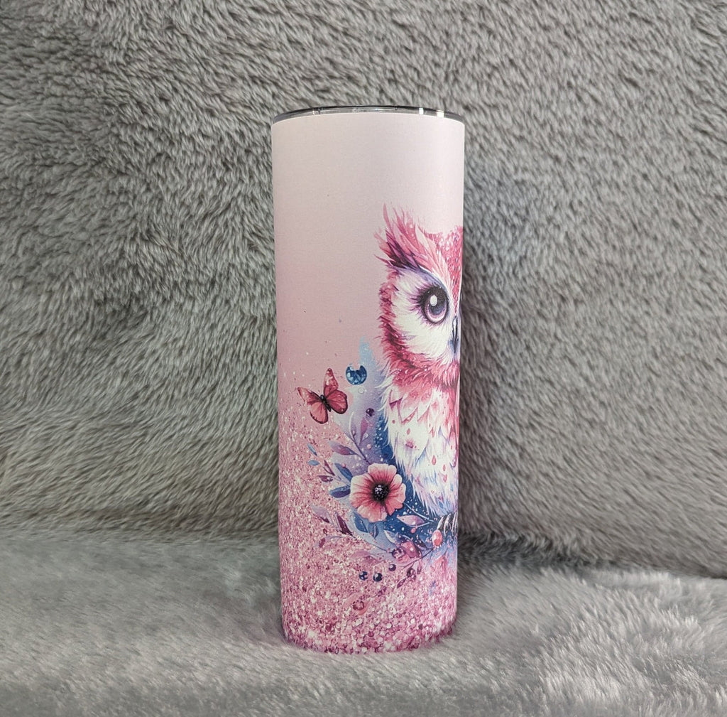 Pink Owl Tumbler With A Glitter Design 20oz With Reusable Straw, Can Be Personalized