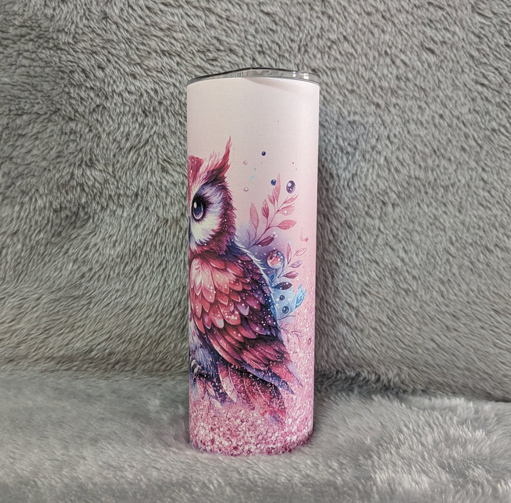 Pink Owl Tumbler With A Glitter Design 20oz With Reusable Straw, Can Be Personalized