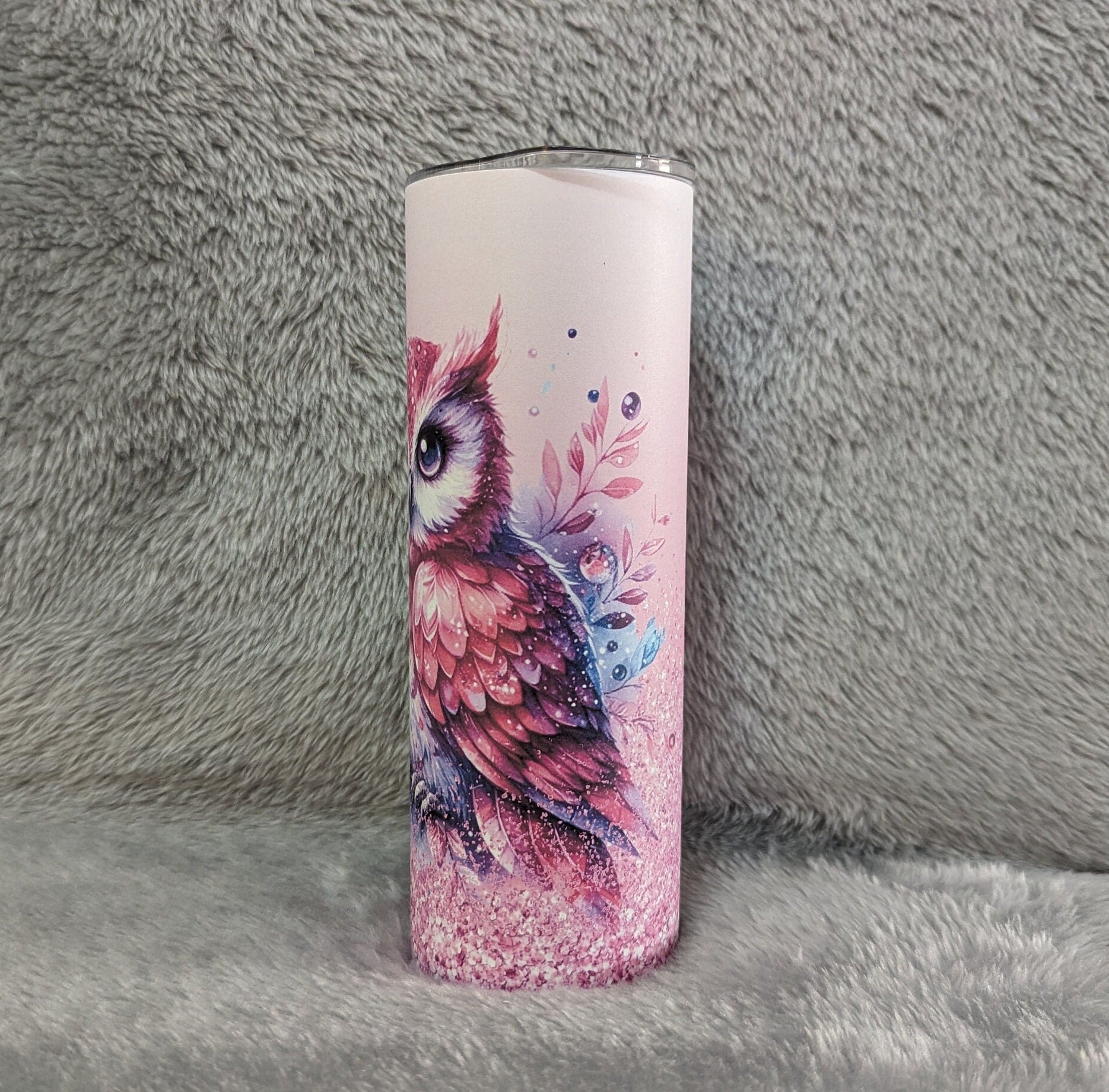 Pink Owl Tumbler With A Glitter Design 20oz With Reusable Straw, Can Be Personalized