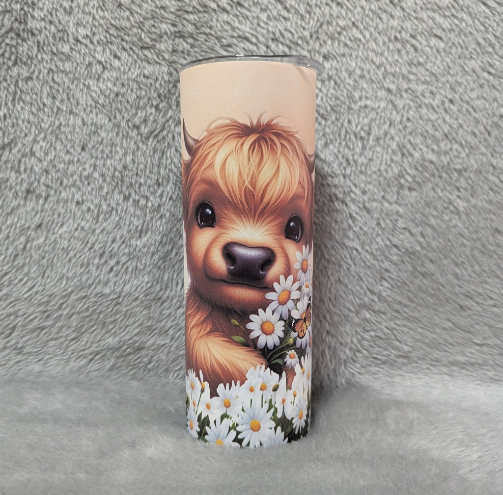 Highland Cow With Daisies Tumbler 20oz With Reusable Straw, Can Be Personalized