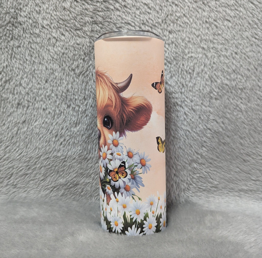 Highland Cow With Daisies Tumbler 20oz With Reusable Straw, Can Be Personalized