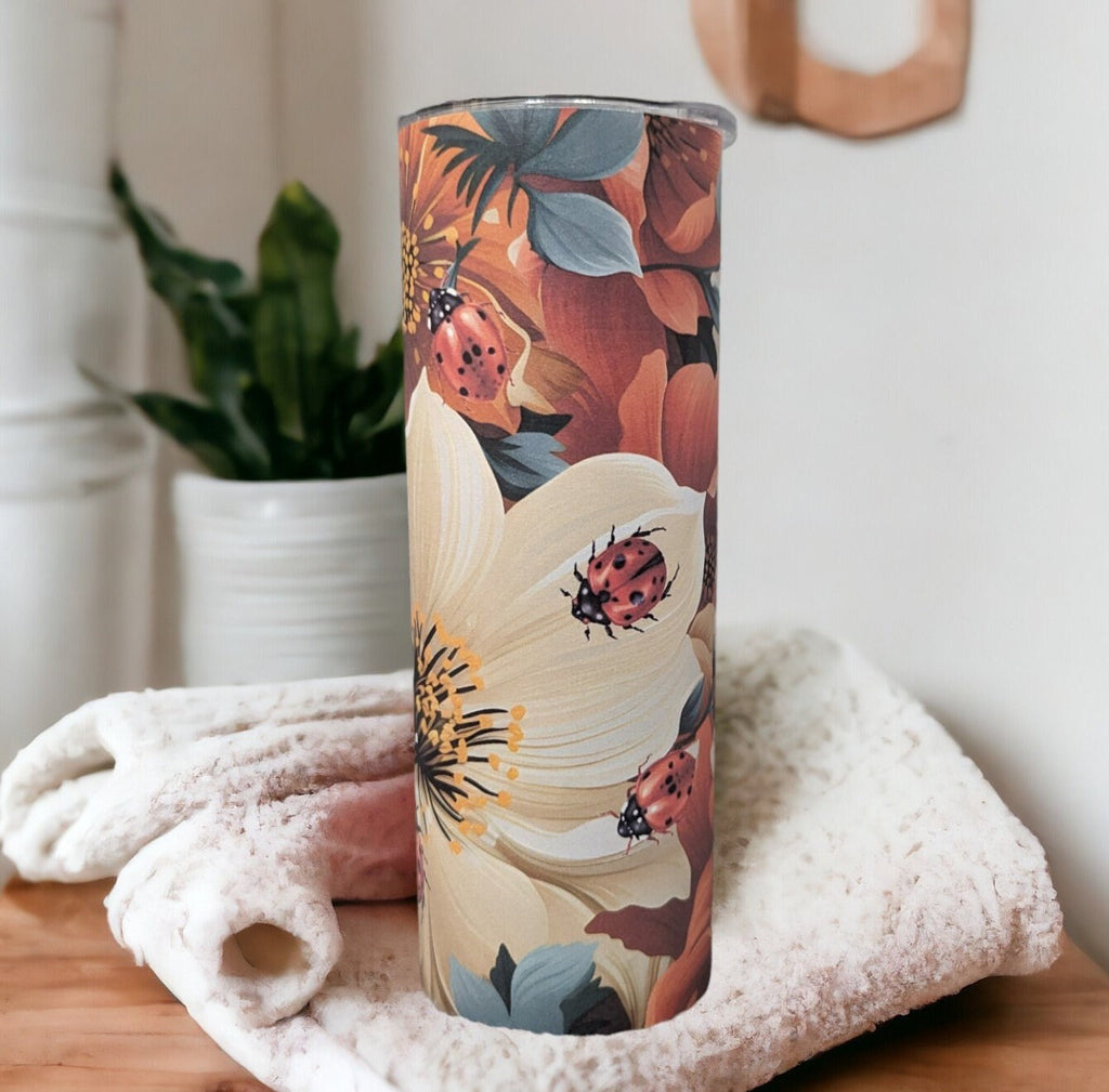 Floral Ladybug Tumbler 20oz With Reusable Straw Can Be Personalized
