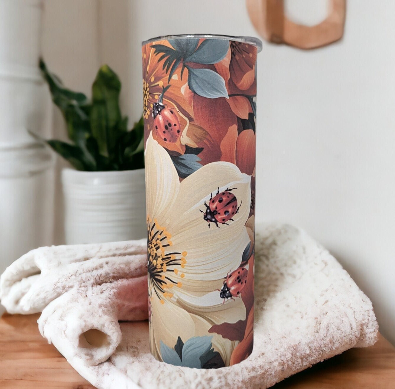 Floral Ladybug Tumbler 20oz With Reusable Straw Can Be Personalized