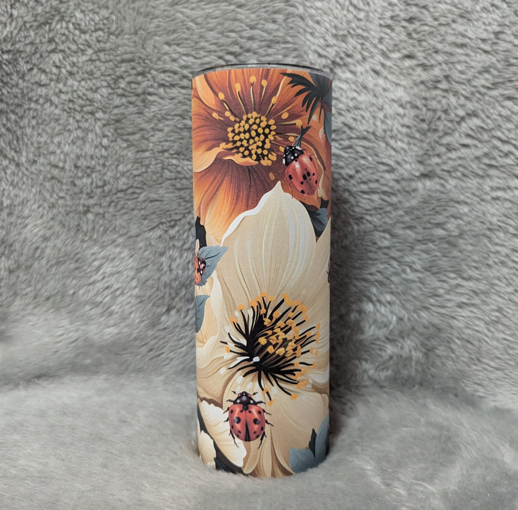Floral Ladybug Tumbler 20oz With Reusable Straw Can Be Personalized