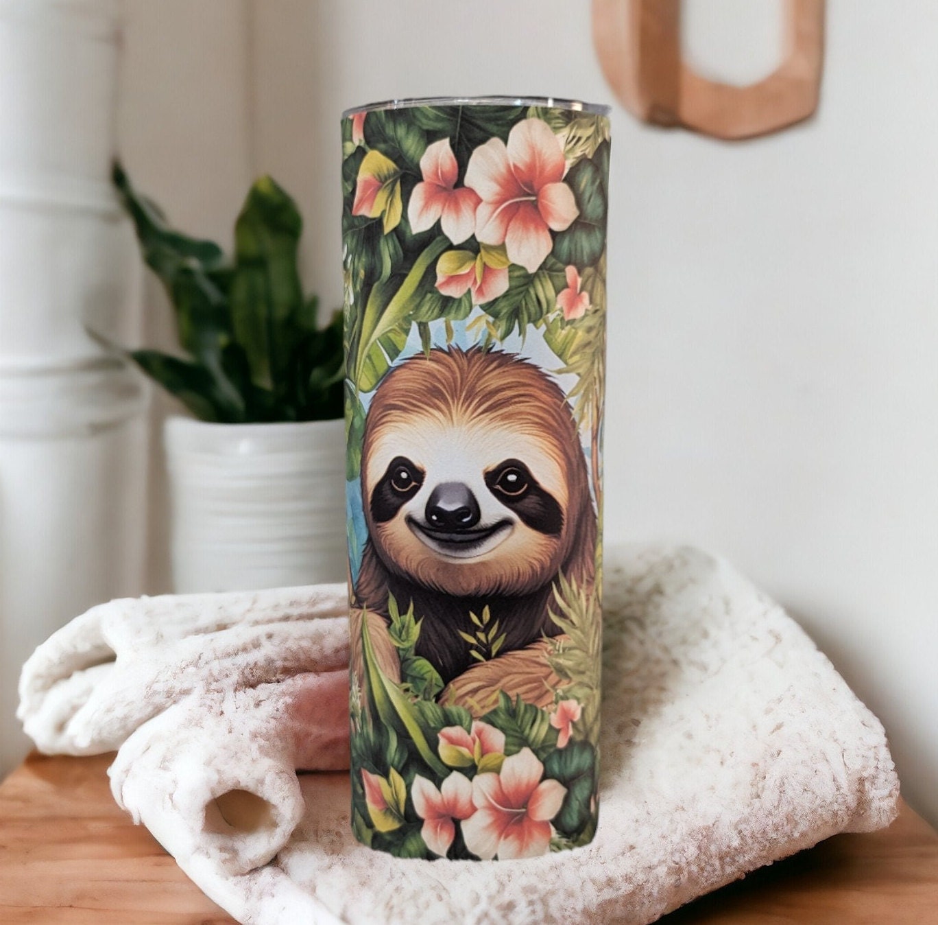 Sloth with Hibiscus Flowers Tumbler 20oz With Reusable Straw, Can Be Personalized