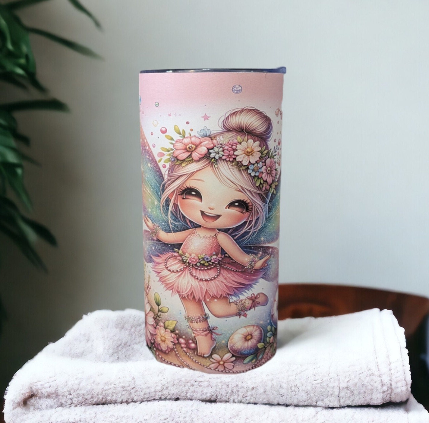 Pretty Girl Fairy Tumbler With Flowers 15oz With Reusable Straw, Can Be Personalized