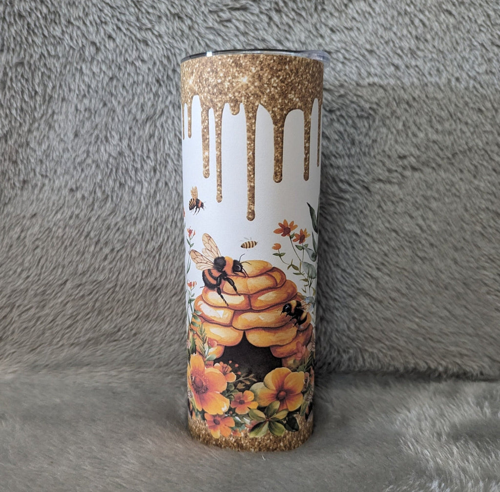 Bee Tumbler With A Glitter Design 20oz With Reusable Straw, Can Be Personalized