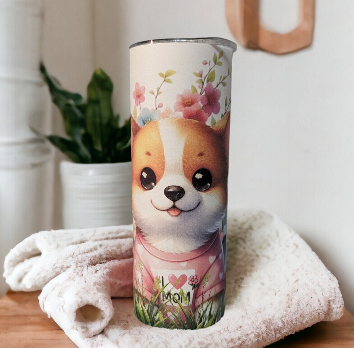 I Love Mom Corgi Dog Tumbler 20oz With Reusable Straw, Can Be Personalized