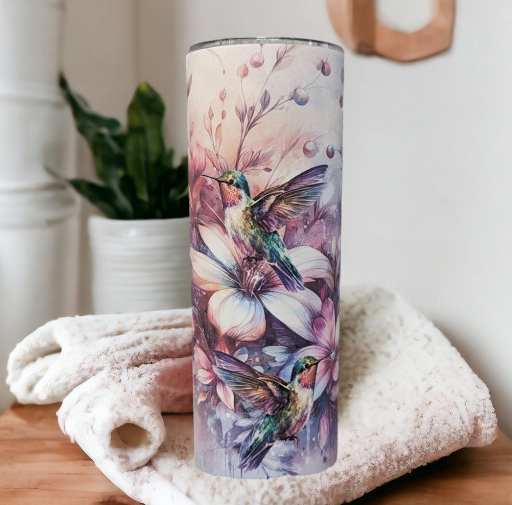 Floral Hummingbird Tumbler  20oz With Reusable Straw, Can Be Personalized
