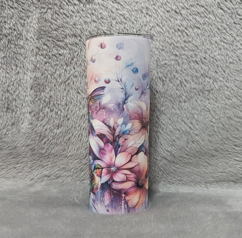 Floral Hummingbird Tumbler  20oz With Reusable Straw, Can Be Personalized