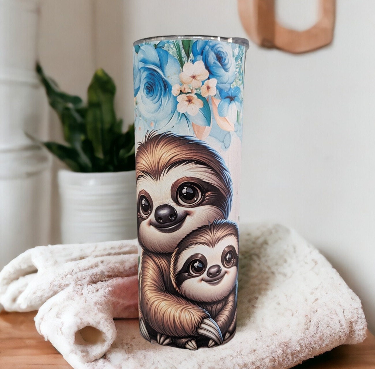 Pretty Floral Sloth Tumbler 20oz With Reusable Straw Can Be Personalized