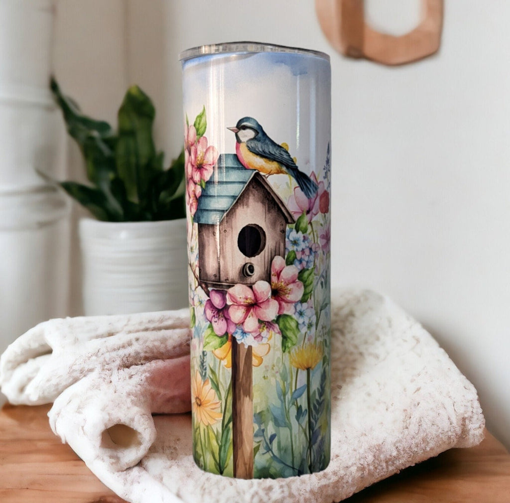 Floral Bird Tumbler 20oz With Reusable Straw, Can Be Personalized
