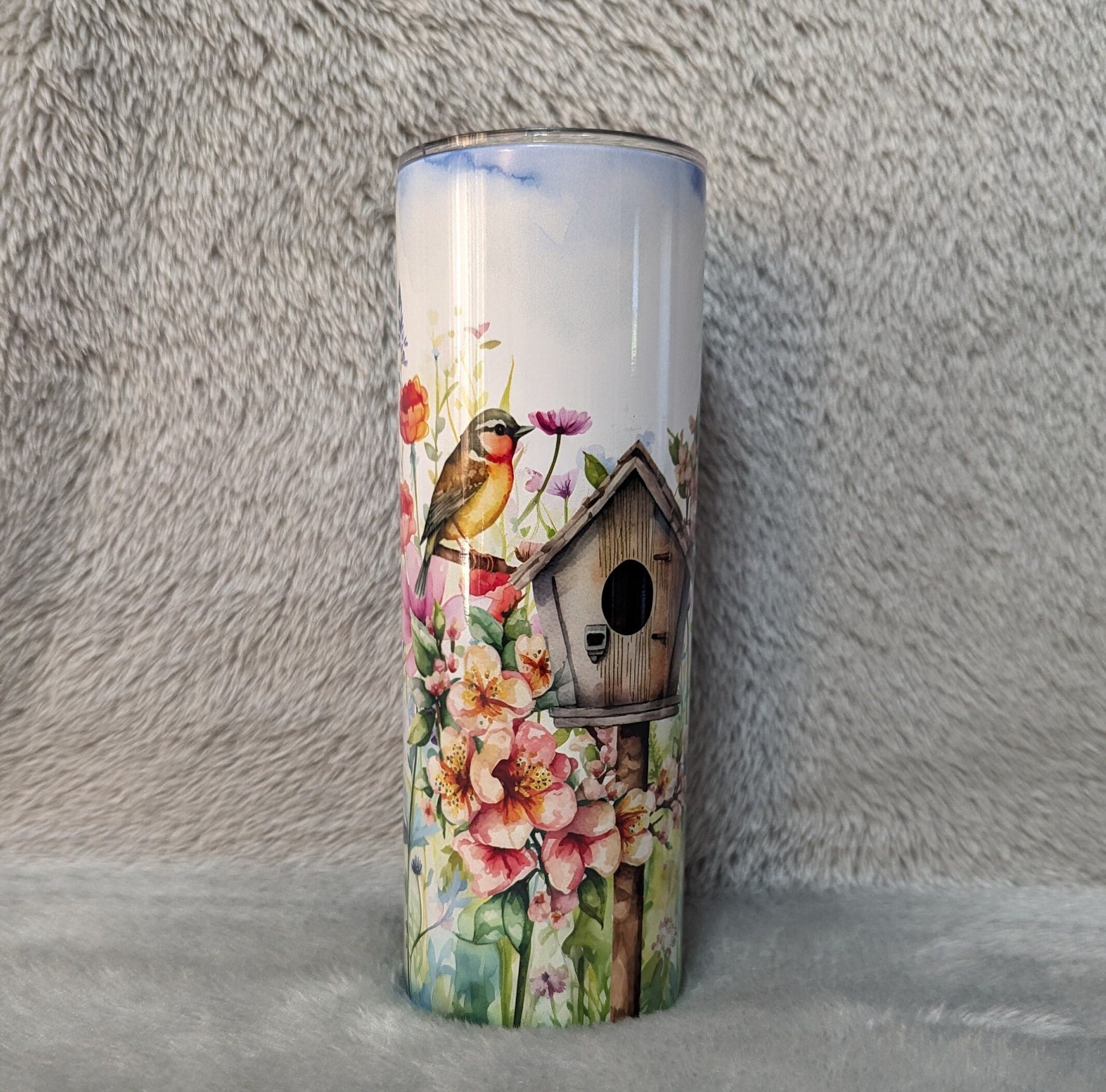 Floral Bird Tumbler 20oz With Reusable Straw, Can Be Personalized