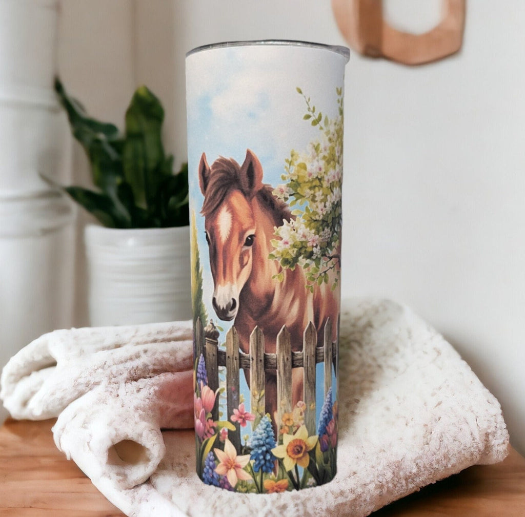 Horse - Pony Tumbler With Pretty Flowers 20oz With Reusable Straw, Can Be Personalized
