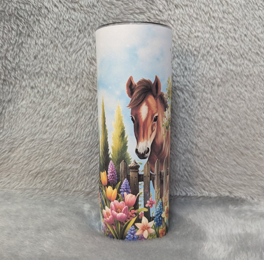 Horse - Pony Tumbler With Pretty Flowers 20oz With Reusable Straw, Can Be Personalized