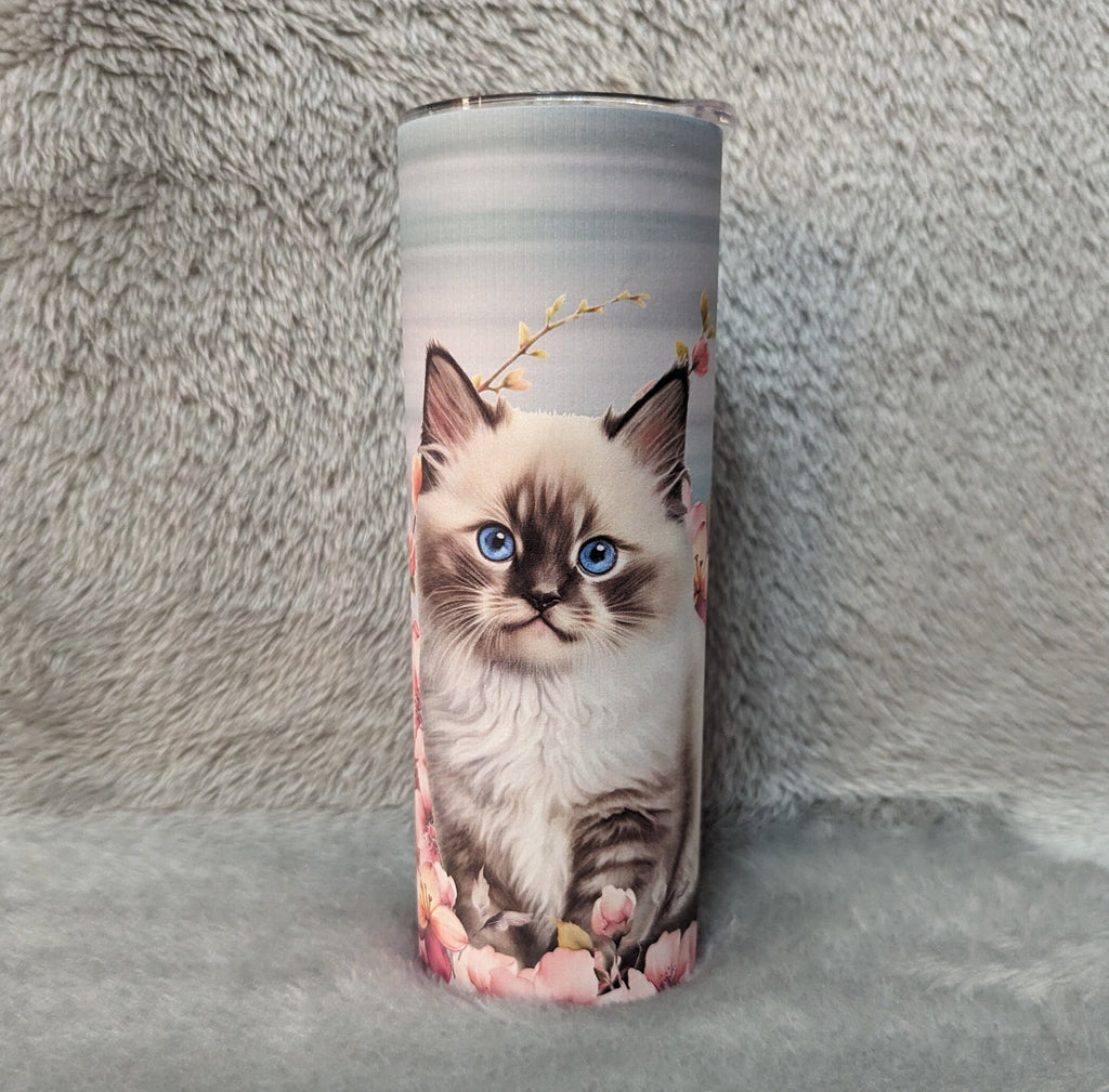 Siamese Kitten - Cat Tumbler With Flowers 20oz With Reusable Straw, Can Be Personalized