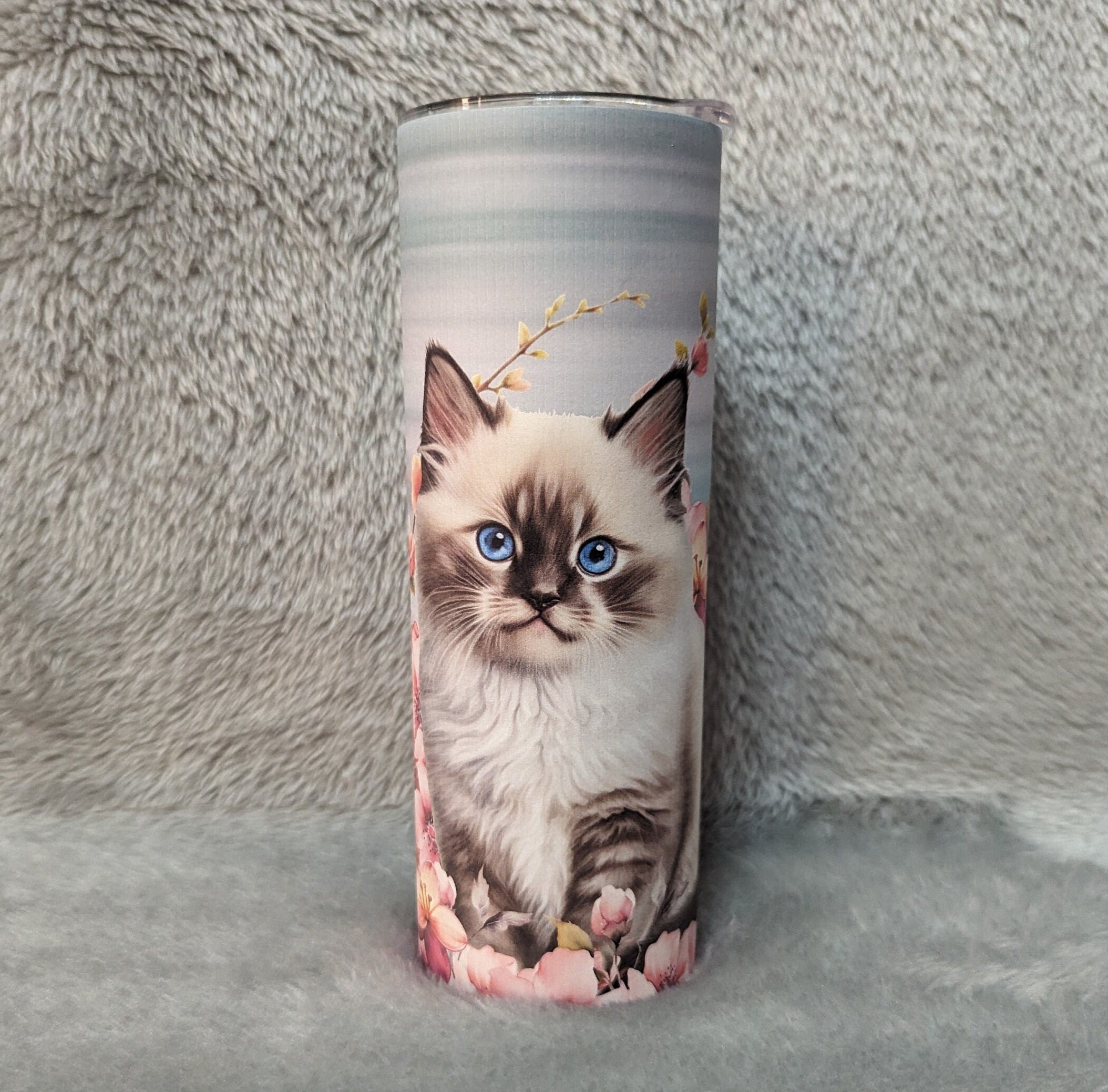 Siamese Kitten - Cat Tumbler With Flowers 20oz With Reusable Straw, Can Be Personalized