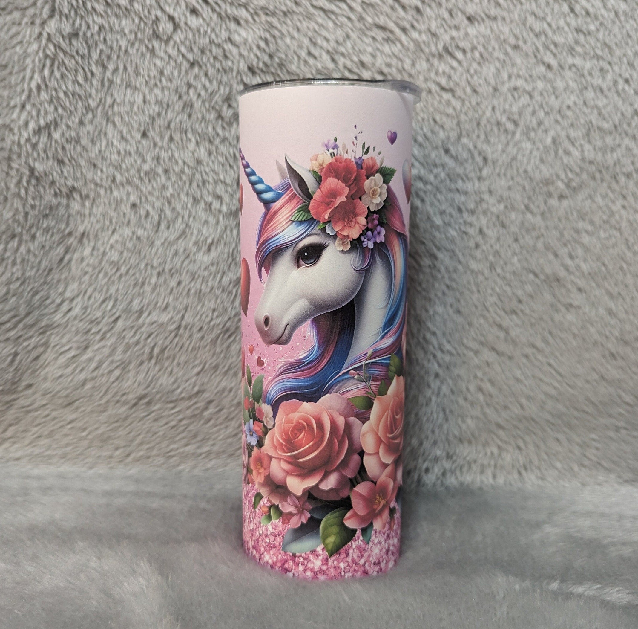Floral Unicorn Tumbler with A Glitter Design 20oz With Reusable Straw, Can Be Personalized