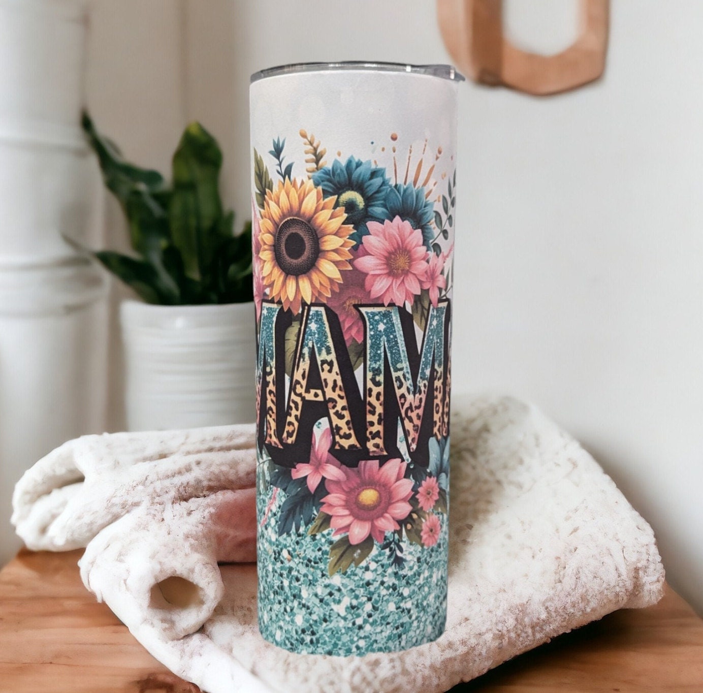 MAMA Tumbler With Flowers and A Glitter Design and Reusable Straw - Gift For Her, Cup for Mom, Mama Cup, 20oz Skinny Tumbler, Gift For Mom