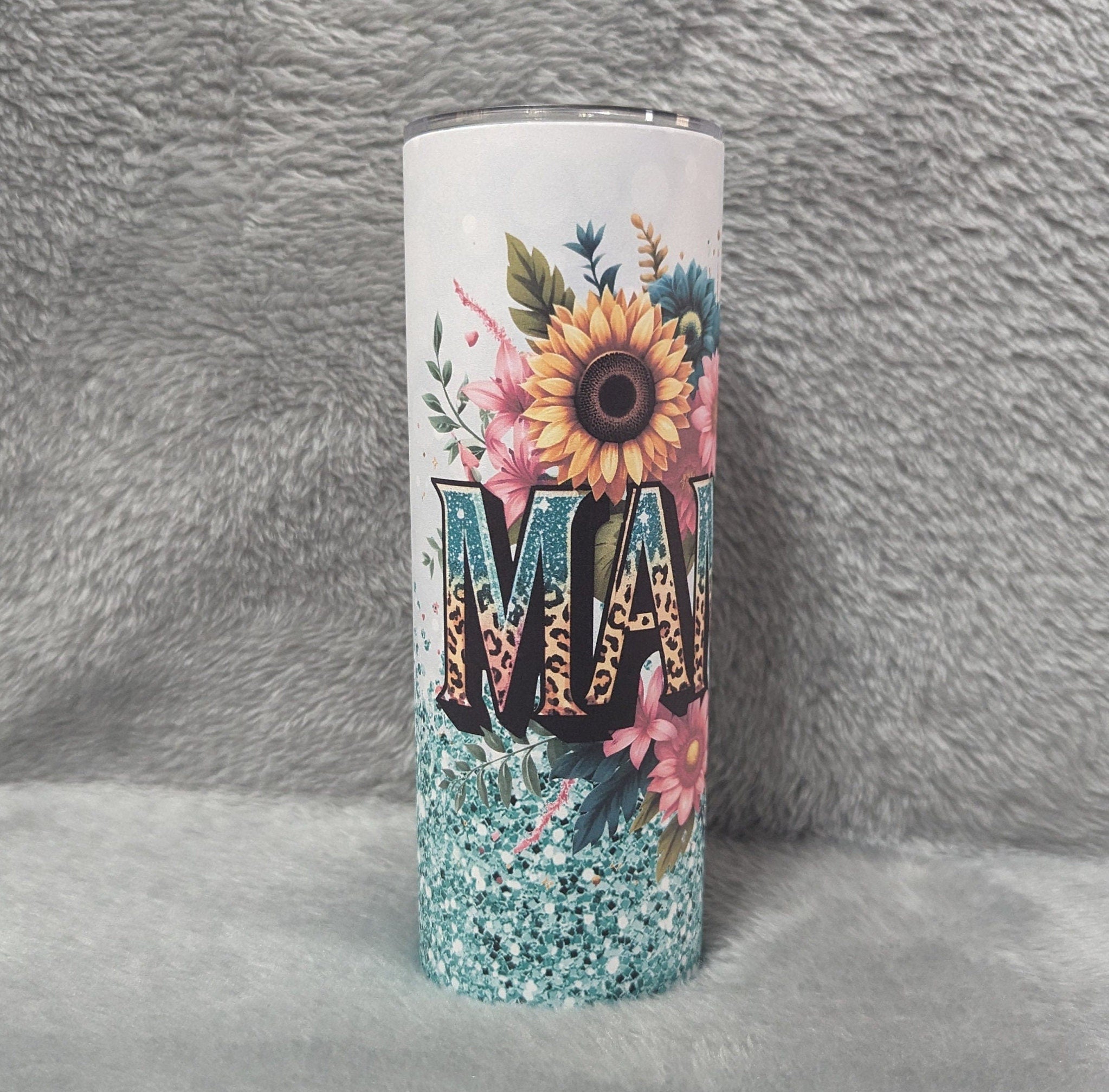 MAMA Tumbler With Flowers and A Glitter Design and Reusable Straw - Gift For Her, Cup for Mom, Mama Cup, 20oz Skinny Tumbler, Gift For Mom