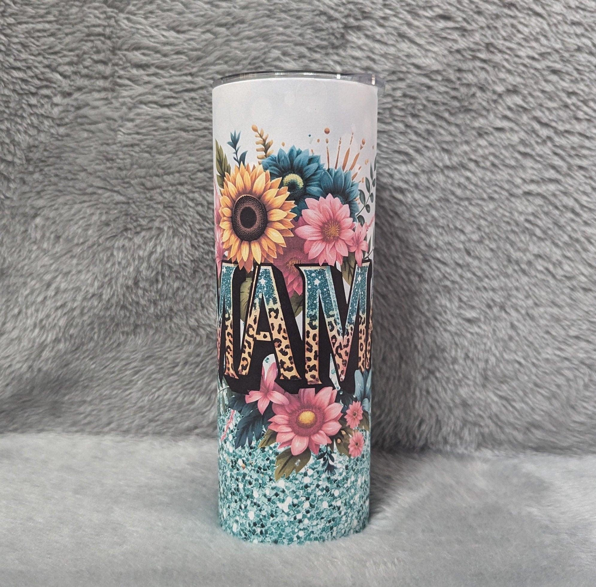 MAMA Tumbler With Flowers and A Glitter Design and Reusable Straw - Gift For Her, Cup for Mom, Mama Cup, 20oz Skinny Tumbler, Gift For Mom