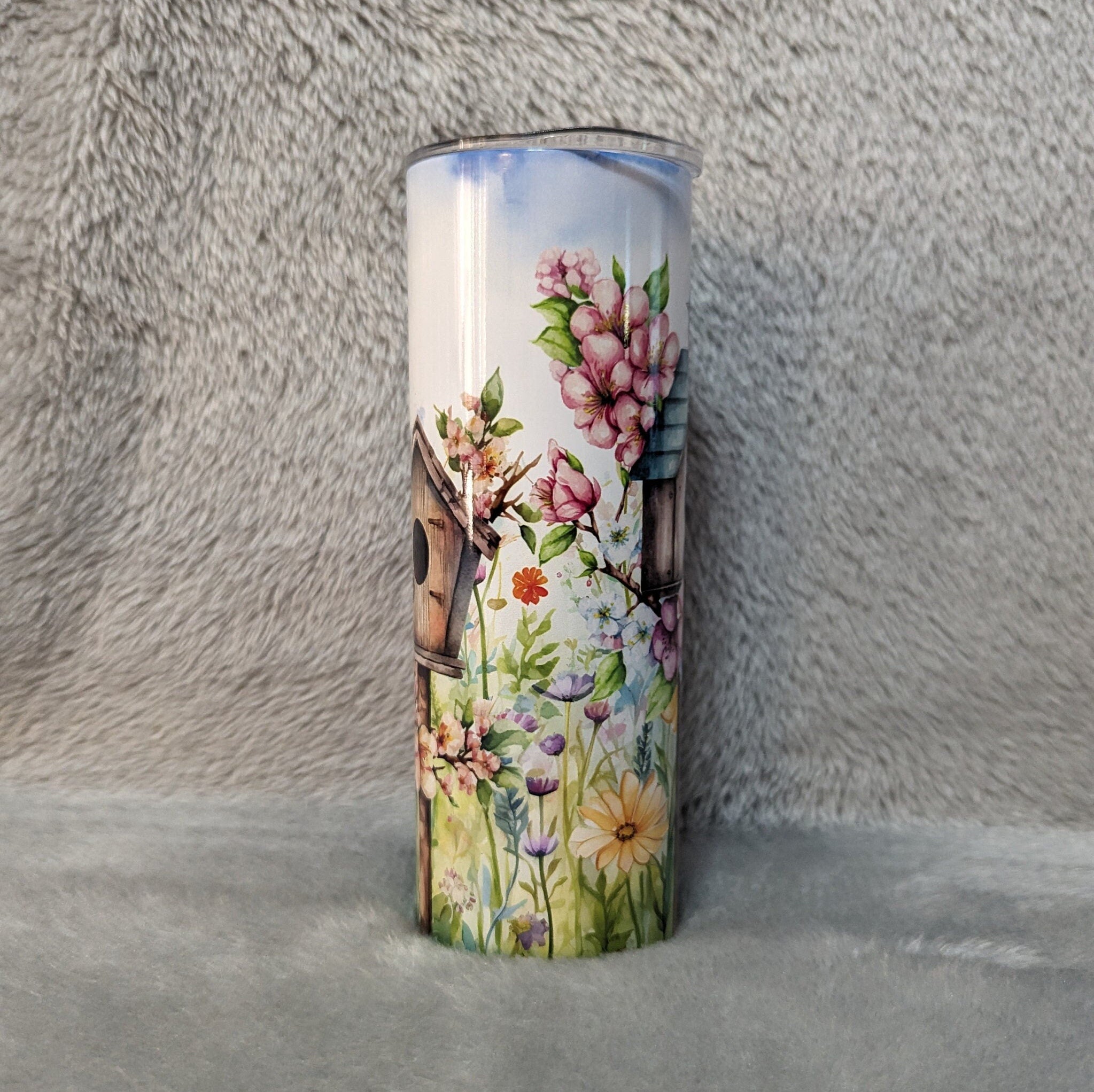 Floral Bird Tumbler 20oz With Reusable Straw, Can Be Personalized
