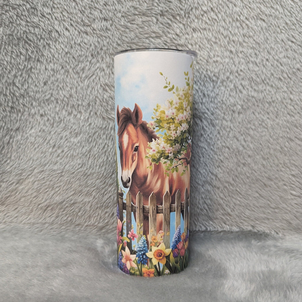 Horse - Pony Tumbler With Pretty Flowers 20oz With Reusable Straw, Can Be Personalized