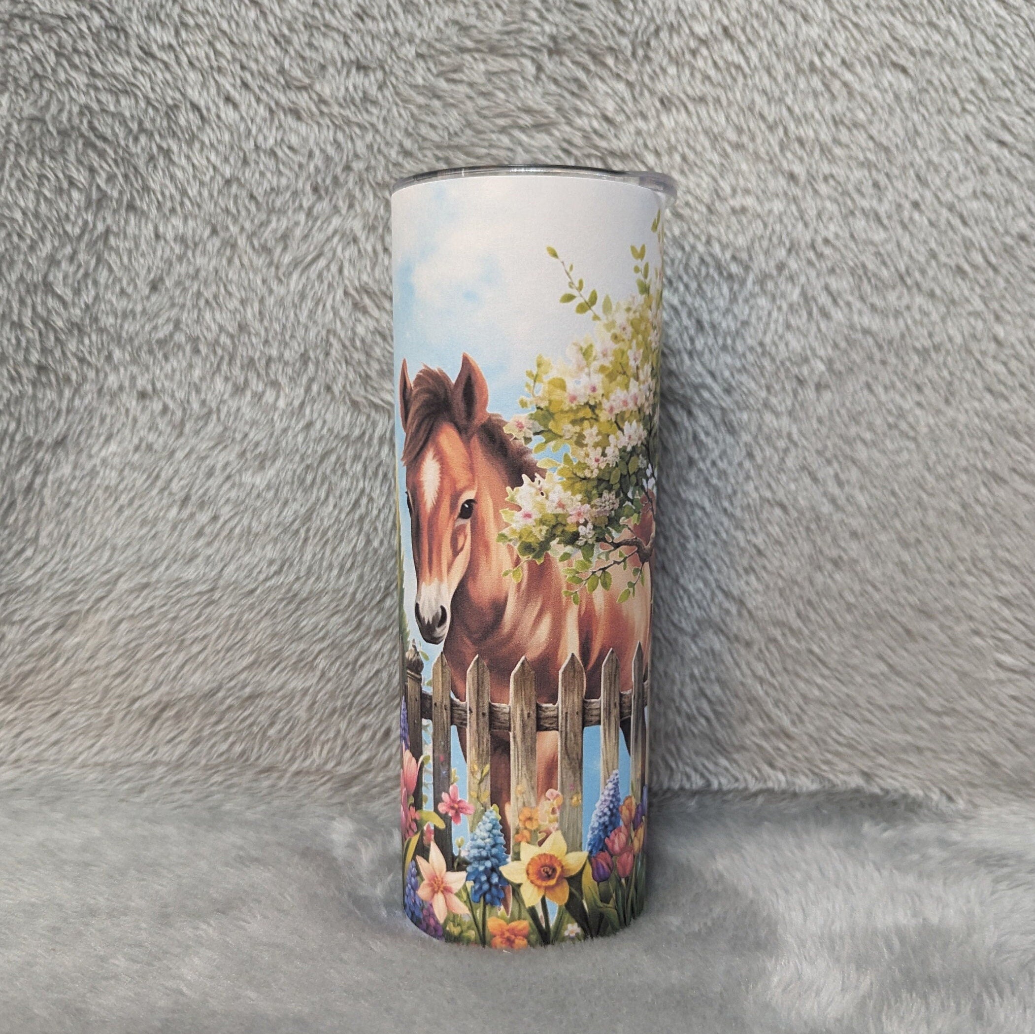 Horse - Pony Tumbler With Pretty Flowers 20oz With Reusable Straw, Can Be Personalized