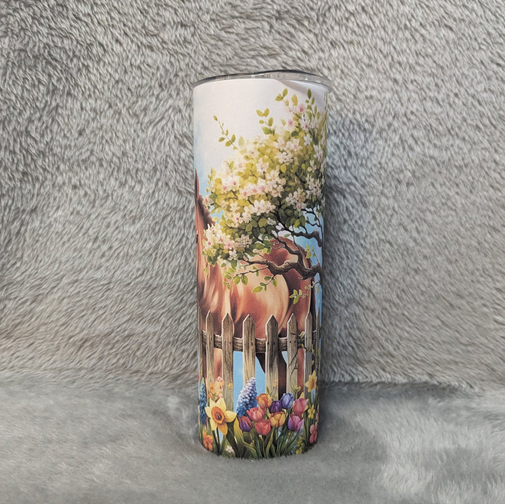 Horse - Pony Tumbler With Pretty Flowers 20oz With Reusable Straw, Can Be Personalized