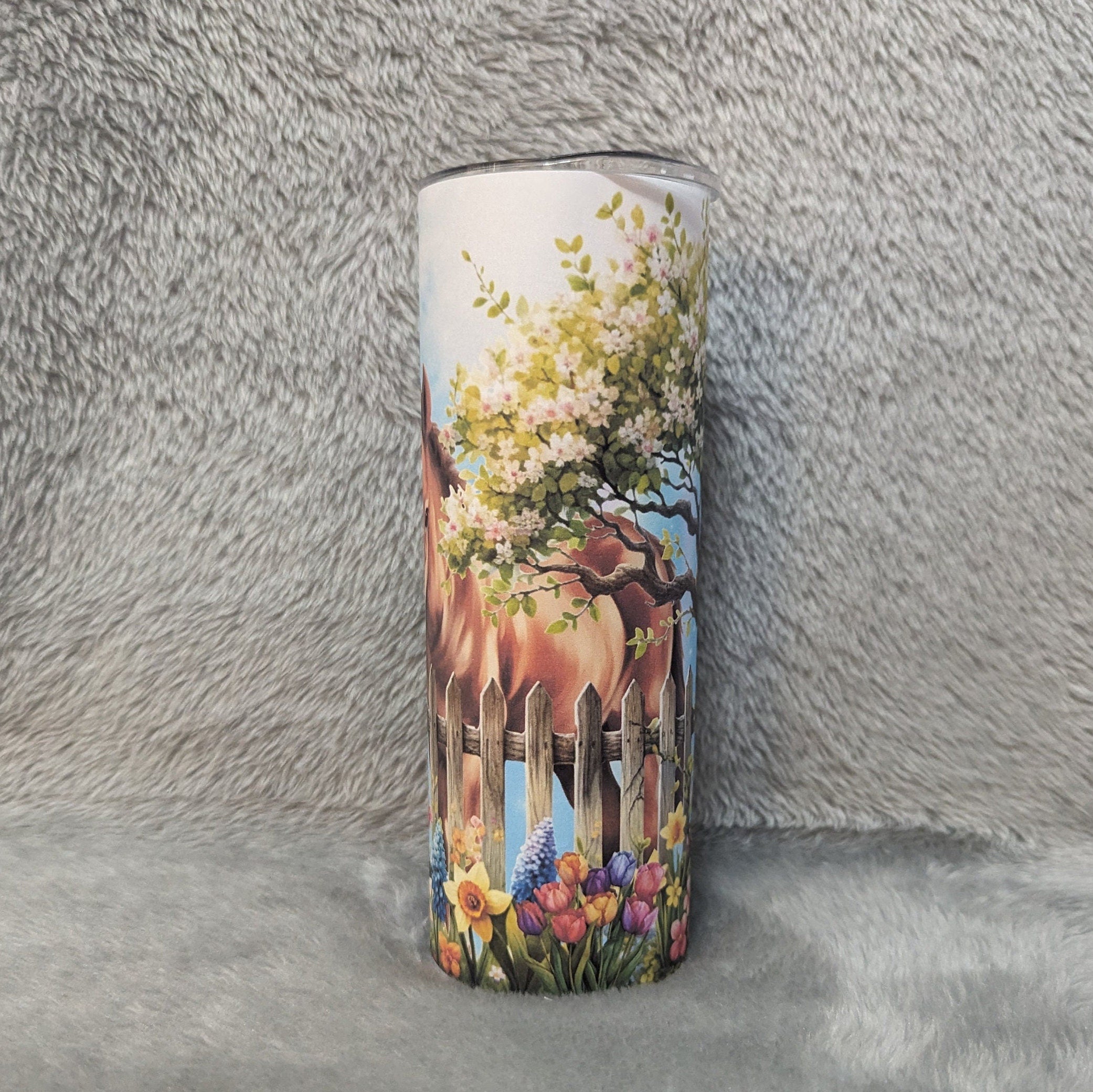 Horse - Pony Tumbler With Pretty Flowers 20oz With Reusable Straw, Can Be Personalized