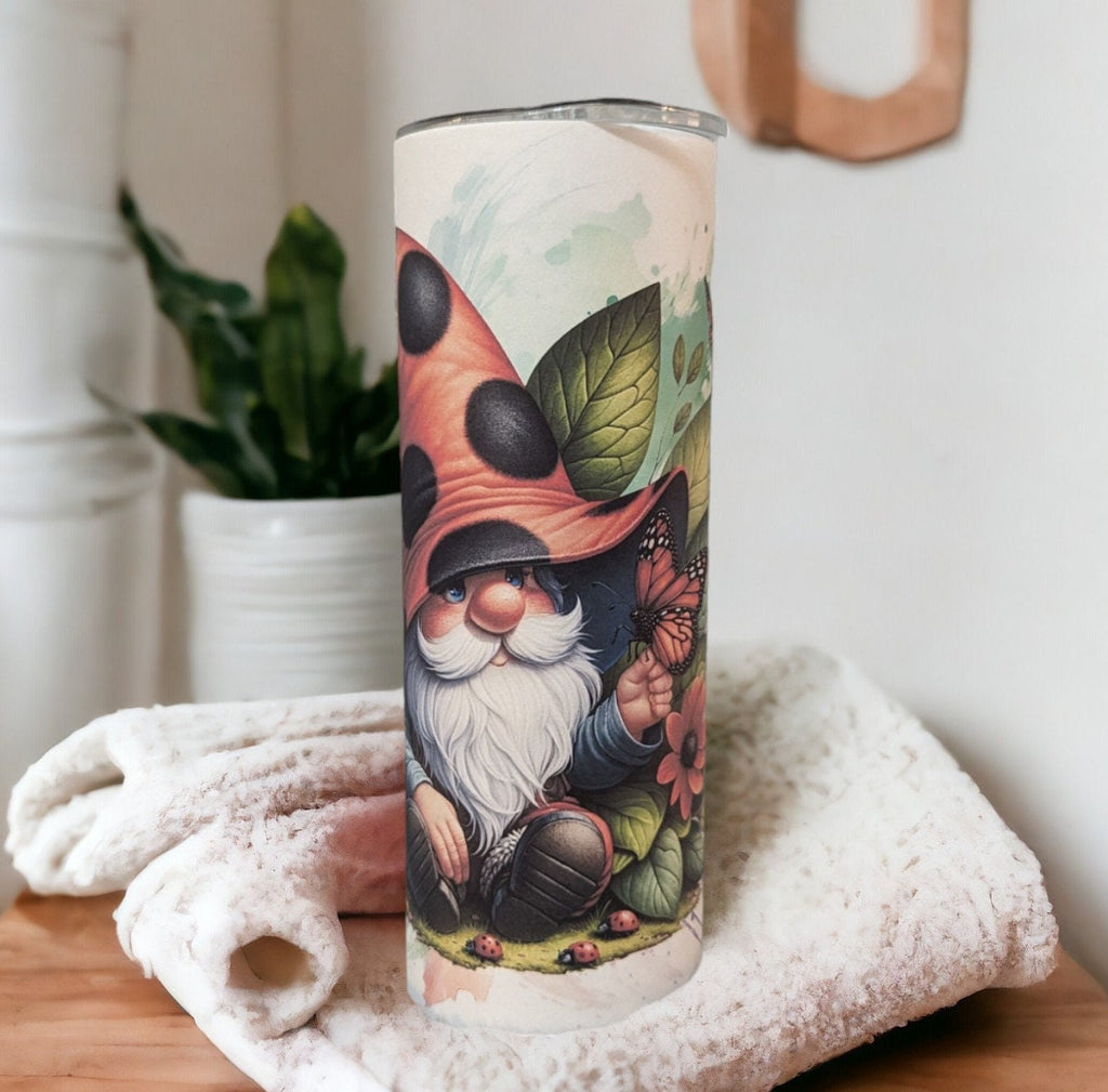 Ladybug Gnome Tumbler Can Be Personalized, Includes A Reusable Straw, Hot Or Cold Beverage Drinkware For Everyday Use, 20oz Skinny Tumbler
