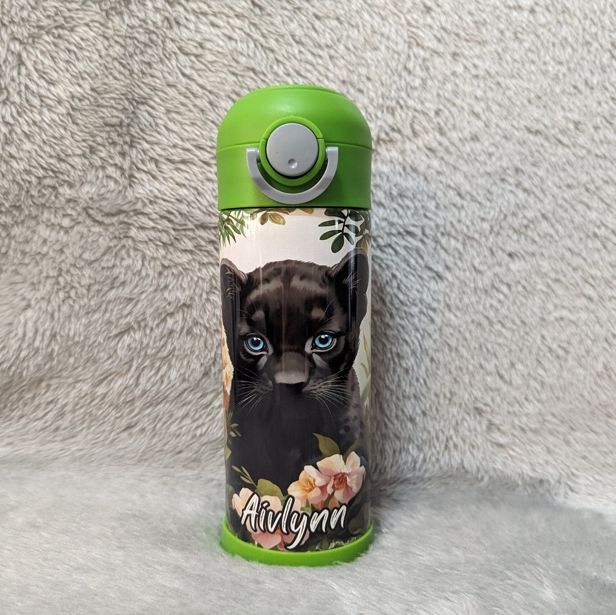 Kids Black Panther Water Bottle 12oz With Reusable Straw Can Be Personalized